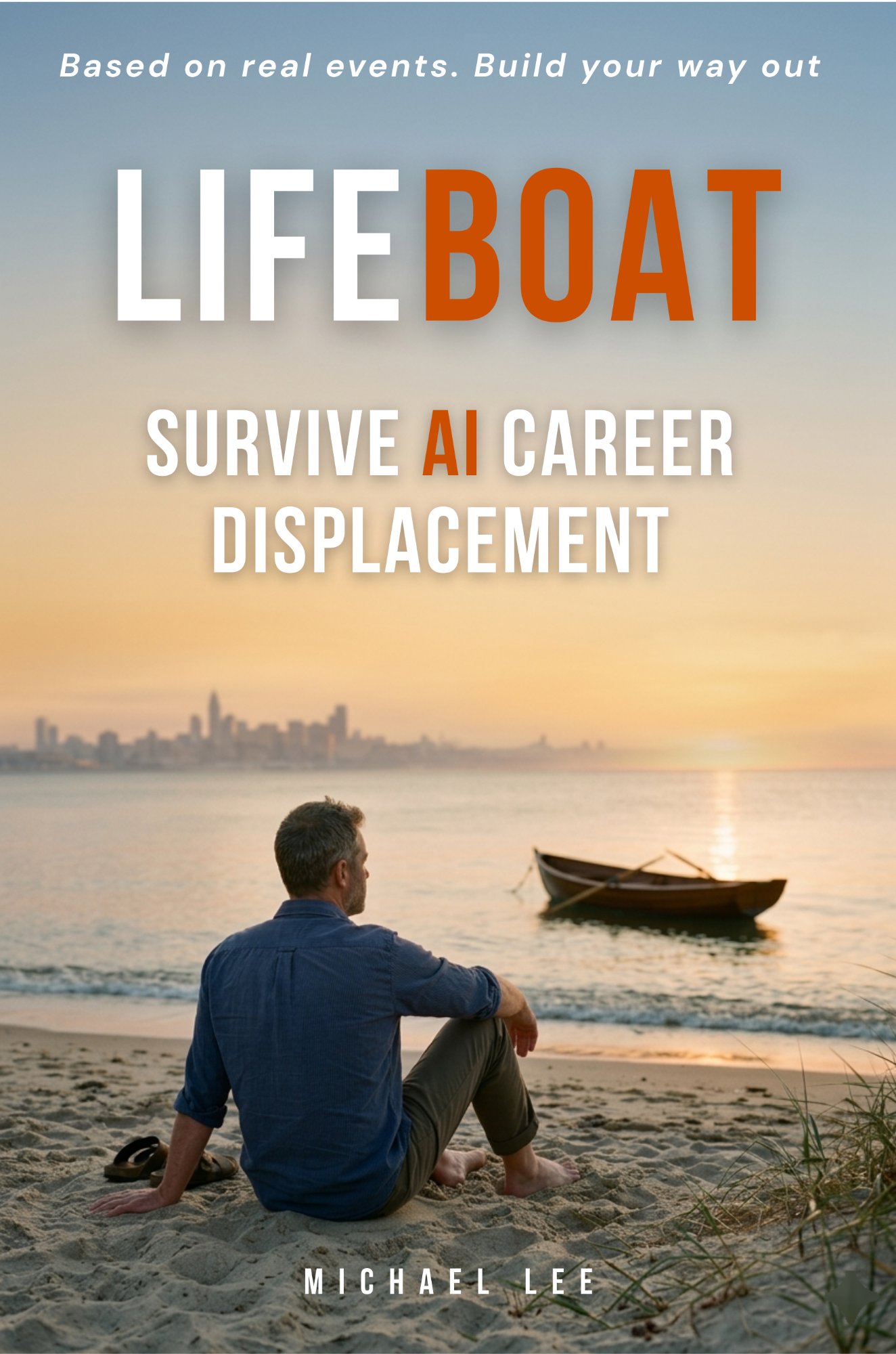 Lifeboat: A Mid-Career Survival Guide for The Age of AI by Michael Lee - book cover showing a man sitting on a beach looking at a small boat on calm water